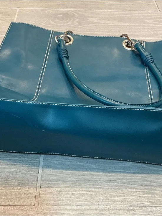 Wilsons Leather Blue/Green Satchel Tote with Double Rolled Handles - Picture 6 of 7